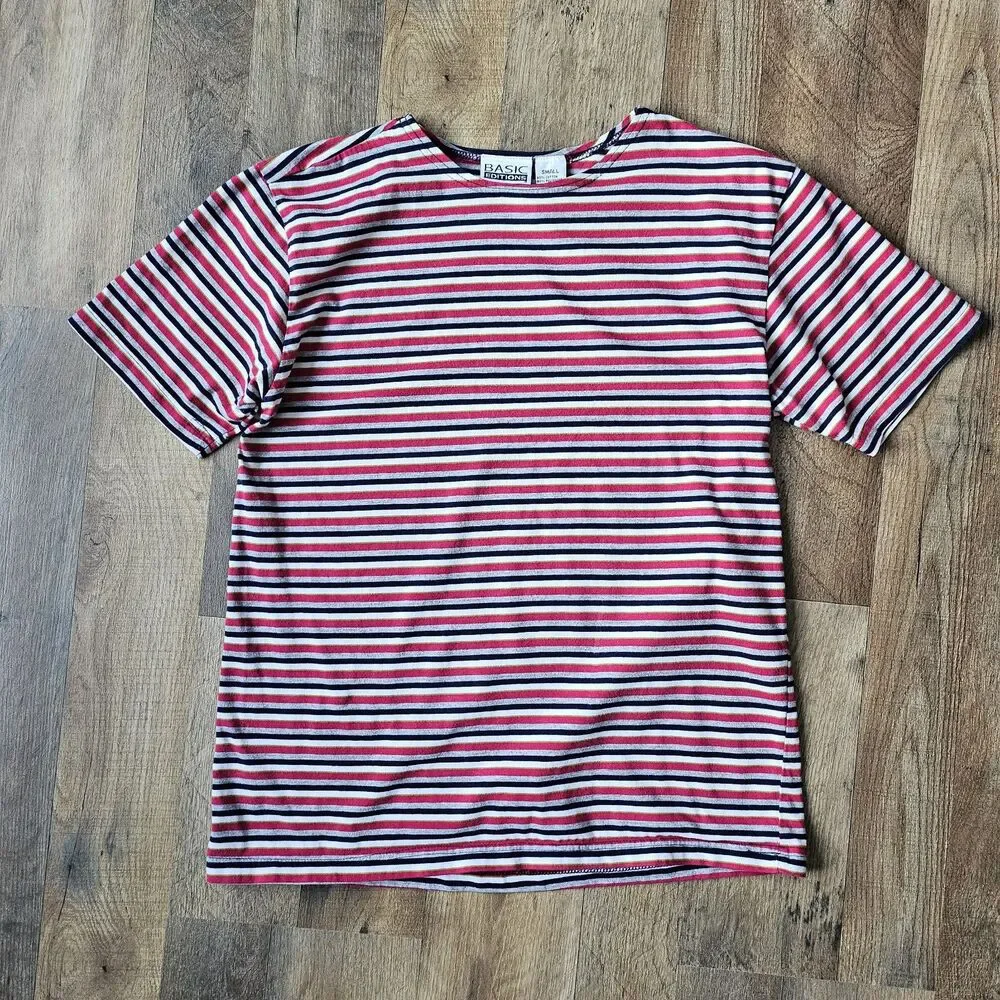 Vtg Basic Editions Women's Red Striped Short Sleeves Pullover T Shirt Size Small